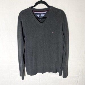 Tommy Hilfiger Grey Pima Cotton Knit V Neck Pullover Light Sweater L